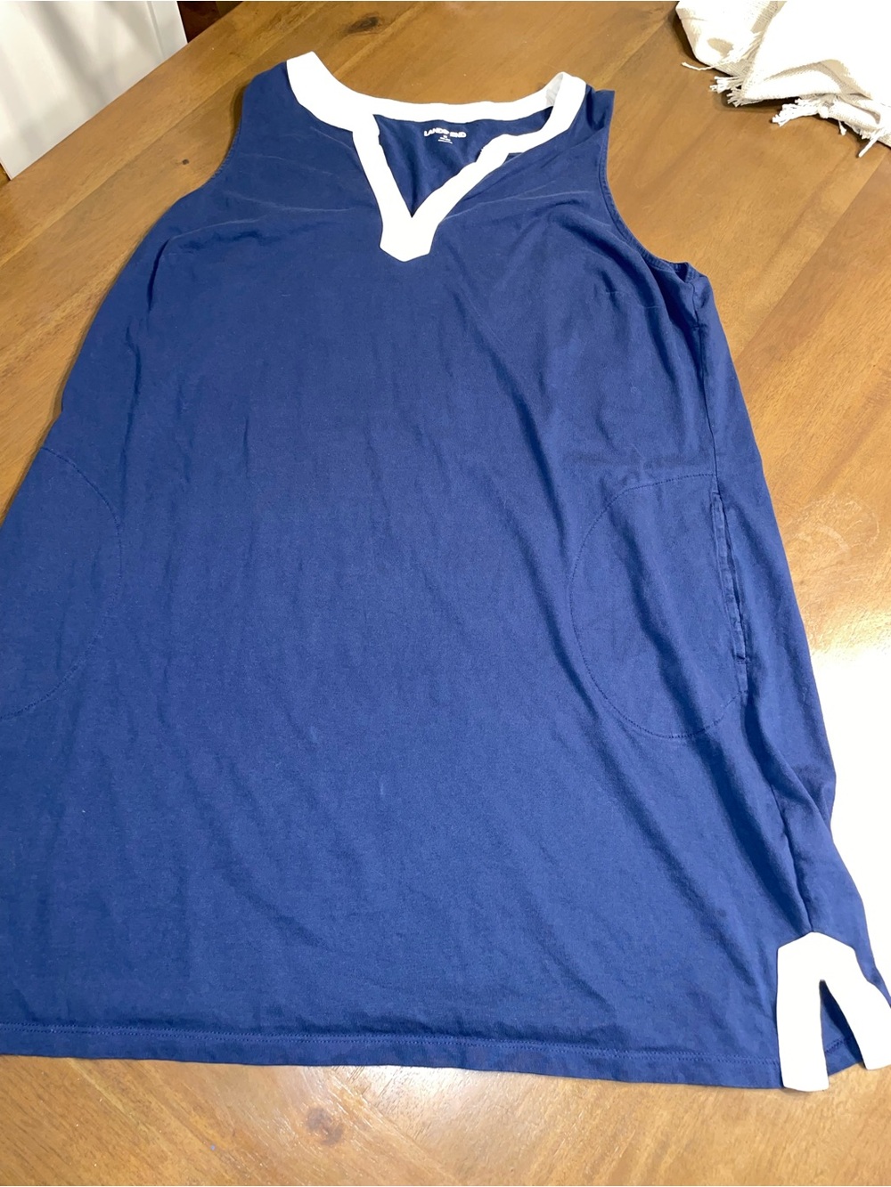 Lands' End Navy Sleeveless Sleeveless Dress with White Trim and pockets